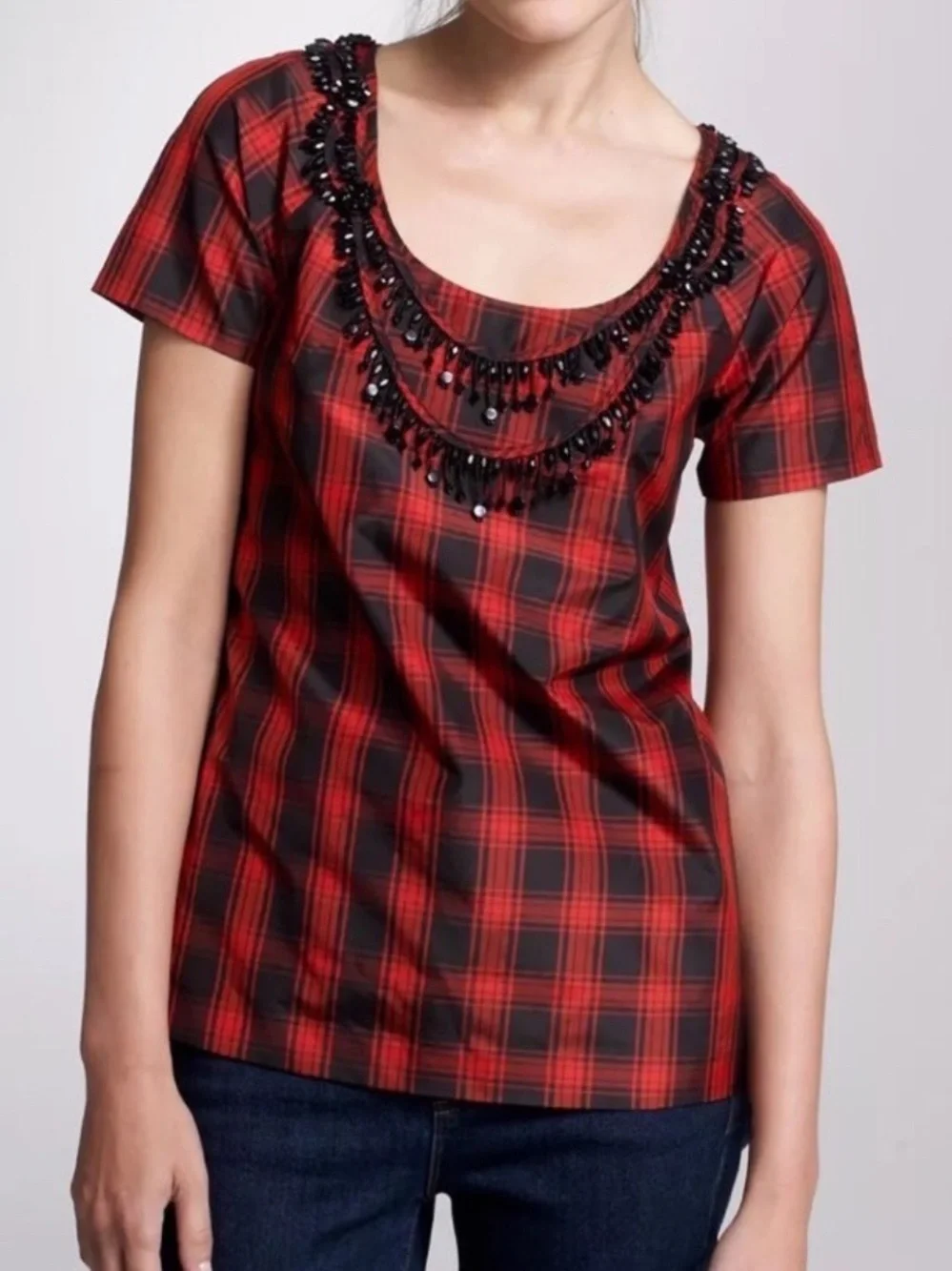 J.Crew Eliza silk red and black tartan plaid blouse built-in black xs 0